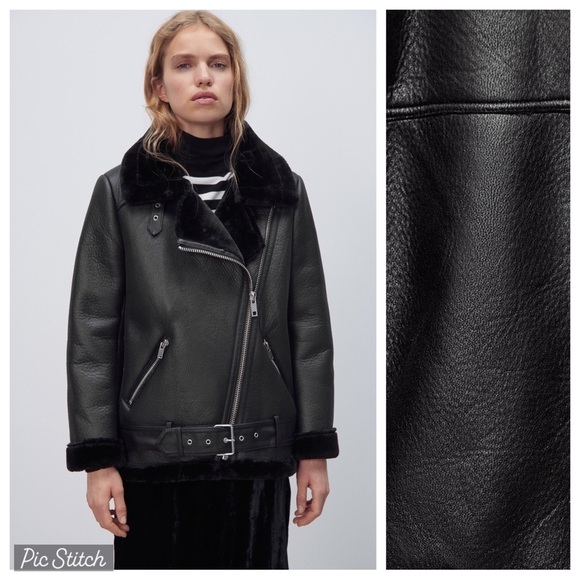 Zara Black Faux Leather Shearling Biker Jacket - Picture 2 of 12